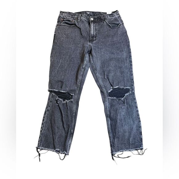 Abercrombie & Fitch Ultra High Rise Mom Jeans 32 14S Distressed Black Raw Hem - Picture 1 of 4